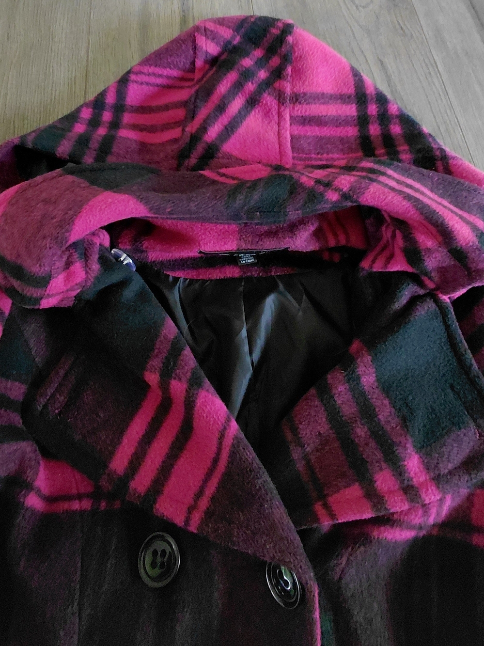 Y2K Hot Pink and Black Plaid Hooded Peacoat - Picture 4 of 5